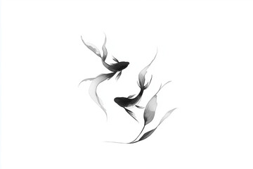 Graceful black fish swimming in white space minimalist art contemporary serenity artistic perspective fluid motion