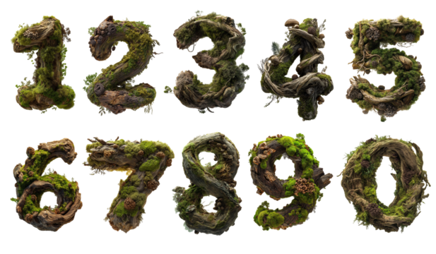 Nature-inspired moss numbers enchanted forest digital artwork vibrant greenery macro perspective eco-friendly concept for sustainable design