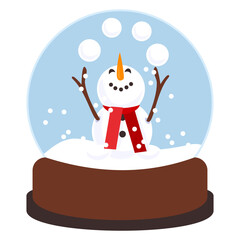 Joyful snowman juggling snowballs inside a snow globe. Fun and festive winter illustration for children’s designs and Christmas decor.