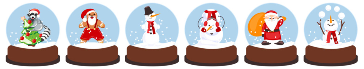 Collection of festive snow globes featuring adorable winter characters — raccoon with Christmas tree, gingerbread man Santa, funny snowmen, and Santa Claus with gift bag. Perfect for holiday decor