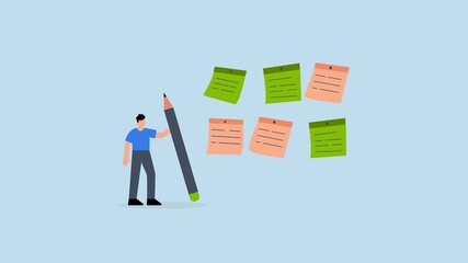 Category, businessman with pencil categorized sticky notes.