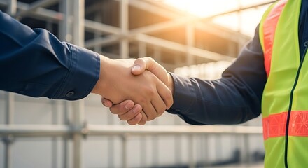 Two construction workers in hard hats and safety vests shaking hands firmly at a sunny outdoor building site symbolizing agreement and partnership