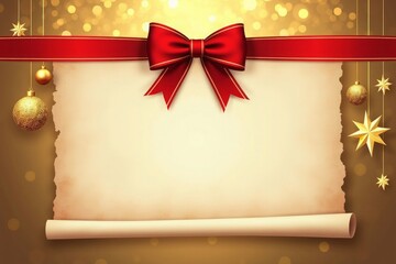 Elegant Christmas scroll with golden ornaments and festive red bow