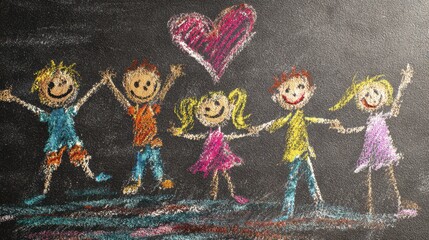 Children joyfully celebrating friendship and happiness with hands raised, surrounded by colorful hearts