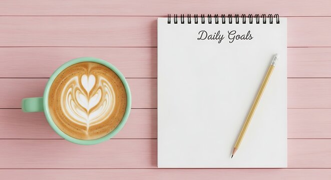 Overhead view of a bright mint green mug filled with frothy latte art coffee next to a blank spiral notebook with the words my daily goal written at the top and a wooden pencil