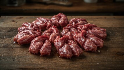 Raw meat pieces on a wooden surface.