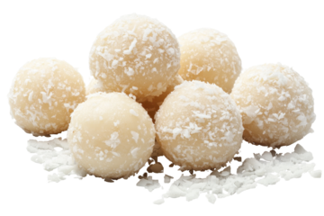 Coconut ladoo balls on a transparent background ready for dessert or snack, showcasing the texture and sweetness of this popular treat enjoyed during festivals and special occasions