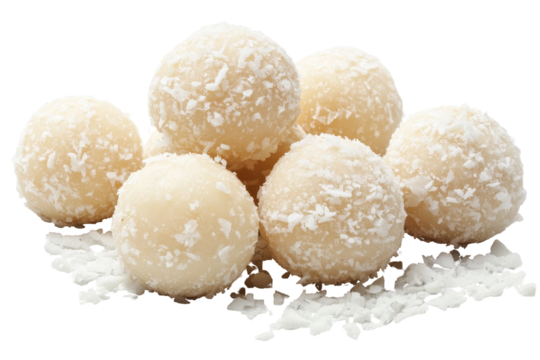Coconut ladoo balls on a transparent background ready for dessert or snack, showcasing the texture and sweetness of this popular treat enjoyed during festivals and special occasions