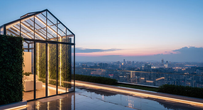 rooftop, garden, urban, futuristic, city skyline, dusk, terrace, greenhouse, vertical garden, ambient light, rain wet, reflection, panoramic, high resolution, wallpaper, background, 16:9, minimalist, 