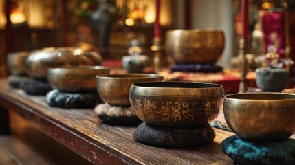 Row of bronze singing bowls, arranged on pillows on a wooden table in warm, ambient light