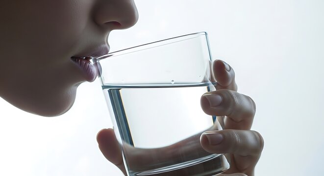 Closeup of a woman drinking a glass of water to quench her thirst on a hot day, hydration and health