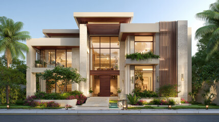Fototapeta premium Modern Architectural Marvel: A stunning, contemporary house showcases sophisticated design with clean lines and large windows, surrounded by lush landscaping, inviting and stylish.