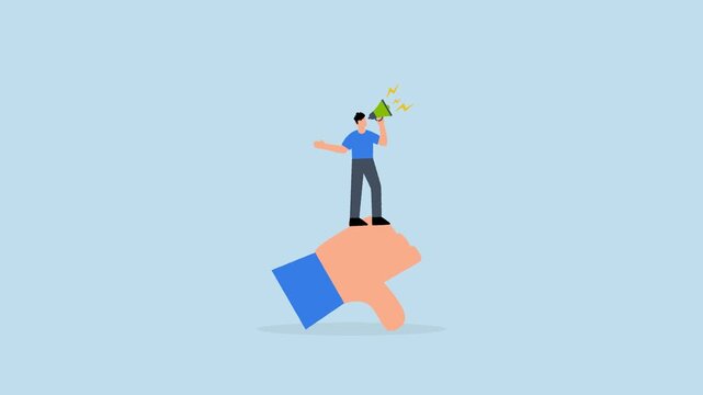 Discredit, ineffective entrepreneur using loudspeaker to disparage and accuse others while displaying thumbs down gesture.