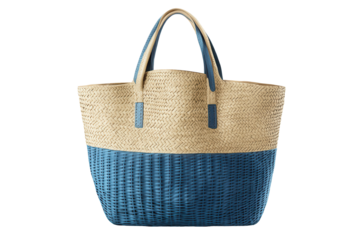 Stylish beach bag with blue bottom and natural woven design perfect for summer outings and beach adventures