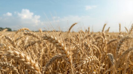 Wheat field with golden crops and a partly cloudy sky, the image showcases agriculture and nature.