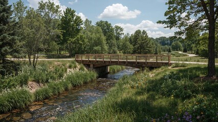 Fototapeta premium A bridge over a small stream in a lush green park with trees and grass, under a partly cloudy sky.