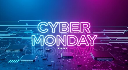 Cyber Monday Sale Neon Glow on Circuit Board Background, Digital Discount Event