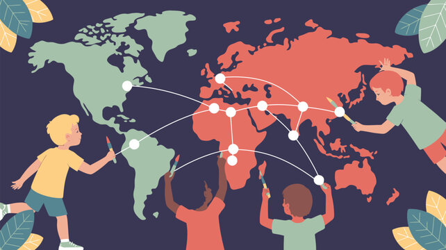 Children drawing connections on a world map with markers showing global network and international collaboration