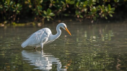 Naklejka premium A heron standing in shallow water near green foliage.