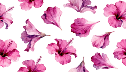 Watercolor hibiscus flower pattern on white background: Vibrant pink petals, floral design, spring, summer, botanical illustration, nature aesthetic,
