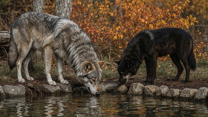 Fototapeta premium Two wolves drinking from a stream in a forested autumn landscape.