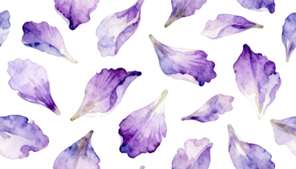 Delicate watercolor pattern of scattered purple flower petals on white background, light and airy floral illustration, organic abstract design element