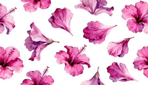Watercolor hibiscus flower pattern on white background: Vibrant pink petals, floral design, spring, summer, botanical illustration, nature aesthetic,