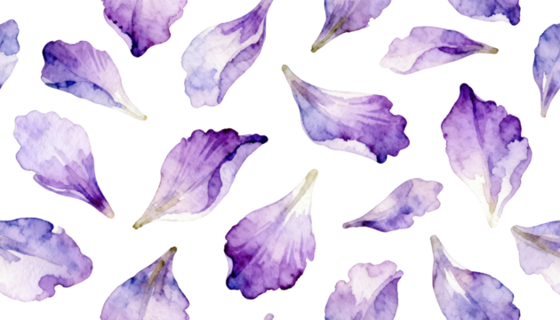 Delicate watercolor pattern of scattered purple flower petals on white background, light and airy floral illustration, organic abstract design element - Powered by Adobe