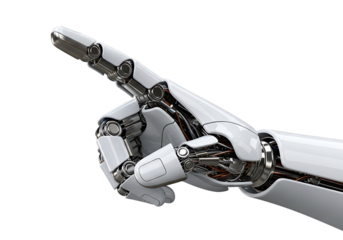 Close up of a futuristic robotic hand pointing upwards with intricate mechanical details isolated on transparent background