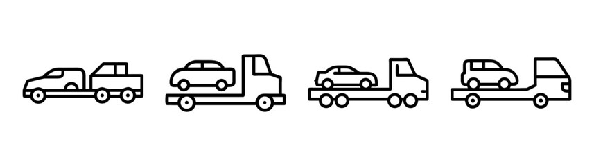 Naklejka premium Set of car carrier trucks and tow trucks transporting vehicles icons