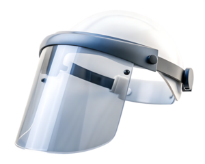 White hard hat with clear plastic face shield isolated on a transparent background
