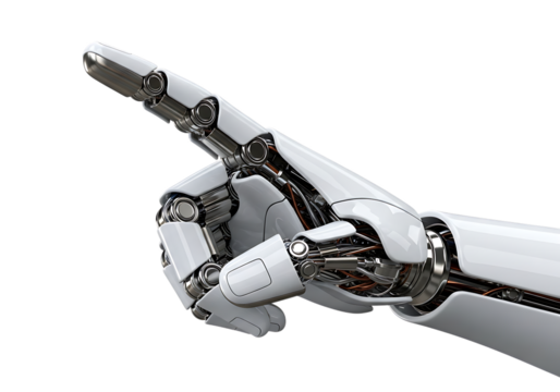 Close up of a futuristic robotic hand pointing upwards with intricate mechanical details isolated on transparent background
