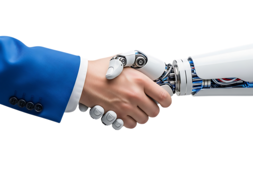 Human hand in blue suit jacket shaking hands with robotic arm on transparent background isolated on transparent background