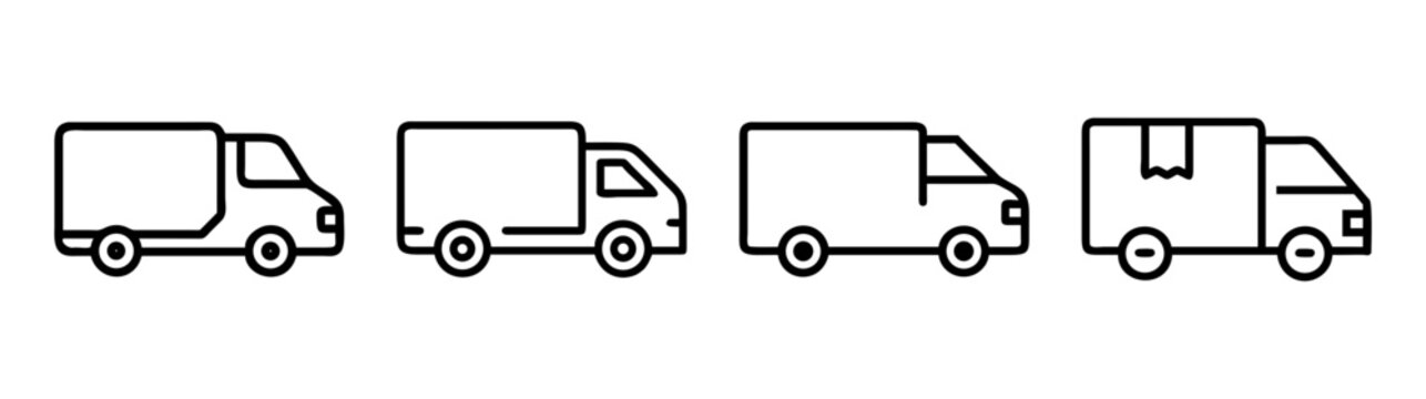 Collection of four distinct line art style delivery vans for commercial transportation concepts
