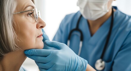 Senior woman receiving a medical examination from a doctor wearing a mask and gloves, ensuring safety and care during a healthcare visit
