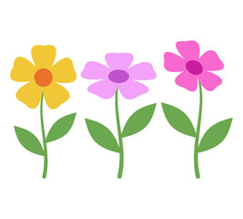 Colorful flowers vector illustration. Yellow, purple, and pink blooms with green stems for floral designs