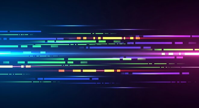 Abstract colorful horizontal speed lines on a dark blue background, technology motion background with glowing streaks