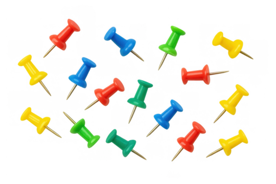 Colorful assorted push pins scattered, a mix of red, blue, green, and yellow tacks with metal points