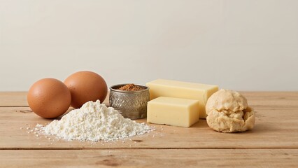 Fototapeta premium Raw ingredients: eggs, flour, butter, and a cookie on a wooden surface. Baking ingredients and food preparation. The concept of cooking and baking.