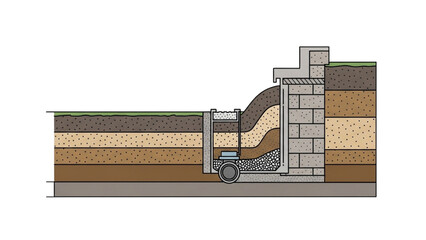 Cross-section of a trench drain system with soil layers and a wall structure