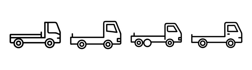 Collection of flatbed truck icons showing different wheel configurations and designs