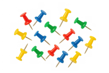 Colorful pushpins scattered on a transparent background, useful for organization, office, and school concepts