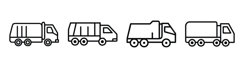 Fototapeta premium Collection of simplistic line art garbage trucks and delivery trucks for recycling and hauling
