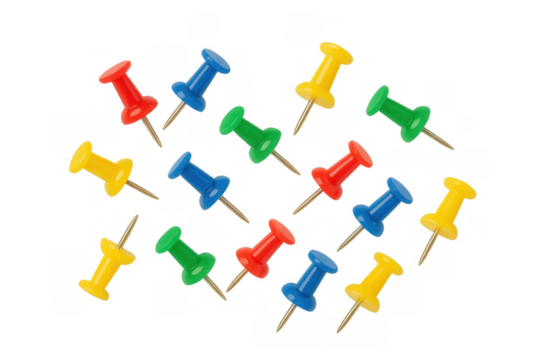 Colorful pushpins scattered on a transparent background, useful for organization, office, and school concepts