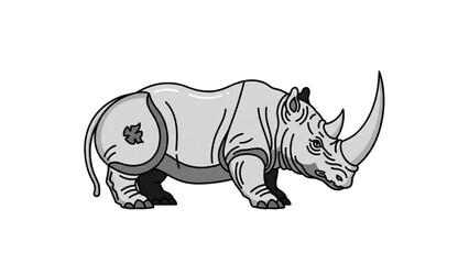 Robust Gray Rhinoceros Vector Illustration with Prominent Horn, Detailed Side Profile, and Thick Skin Texture