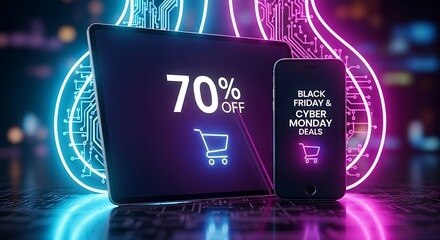 Futuristic online shopping promotion for major holiday sales, with a laptop and phone advertising a seventy percent discount on a neon circuit background