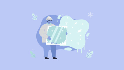 Worker holding frozen window pane illustration for winter insulation concept