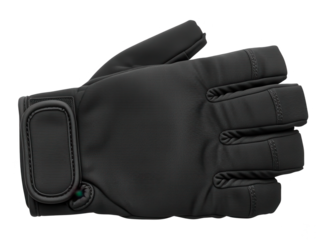 Isolated single black fingerless sport glove with adjustable wrist strap on a white background, protective gear, training aid, outdoor equipment,