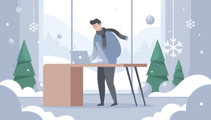 Remote worker in scarf uses laptop at desk overlooking snowy mountain winter landscape Christmas decor