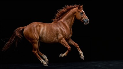 Obraz premium A brown horse running on a black background.